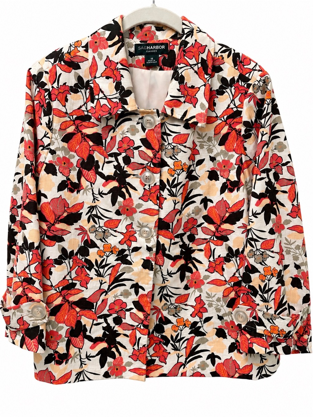 Sag Harbor Classics Womens 16 Floral Jacket Blazer Red Black Linen Look Fall